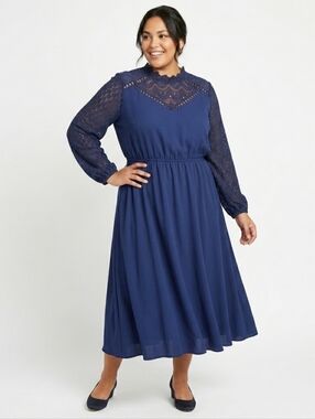 Elegant Lace-Sleeve Midi Dress Navy Blue